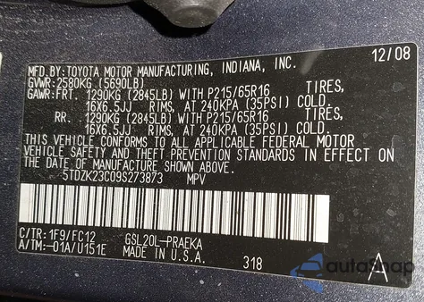 2009 Toyota Sienna Le from USA, damaged, VIN 5TDZK23C09S273873